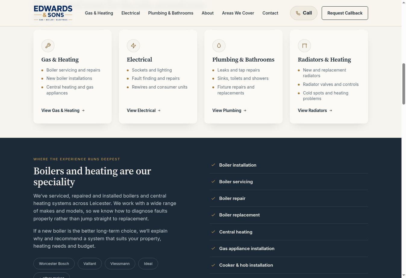 Edwards and Sons website showing service cards and its boiler and heating specialism